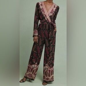 ANTHROPOLOGIE X ONE SEPTEMBER  Black & Red Breezeway Embroidered Pant Jumpsuit